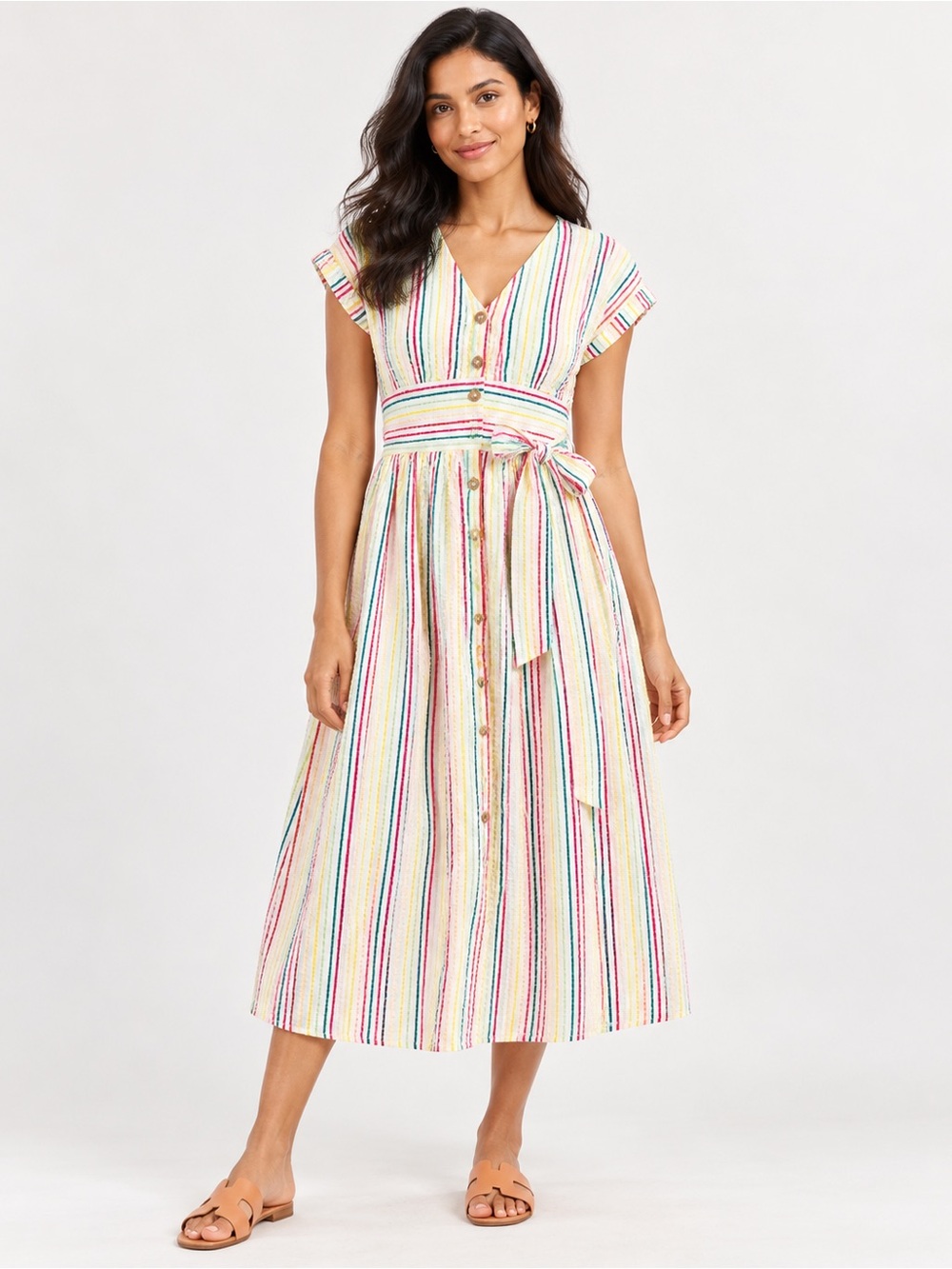 LOFT Petites Multicolor Striped Belted Midi Dress Size 12P